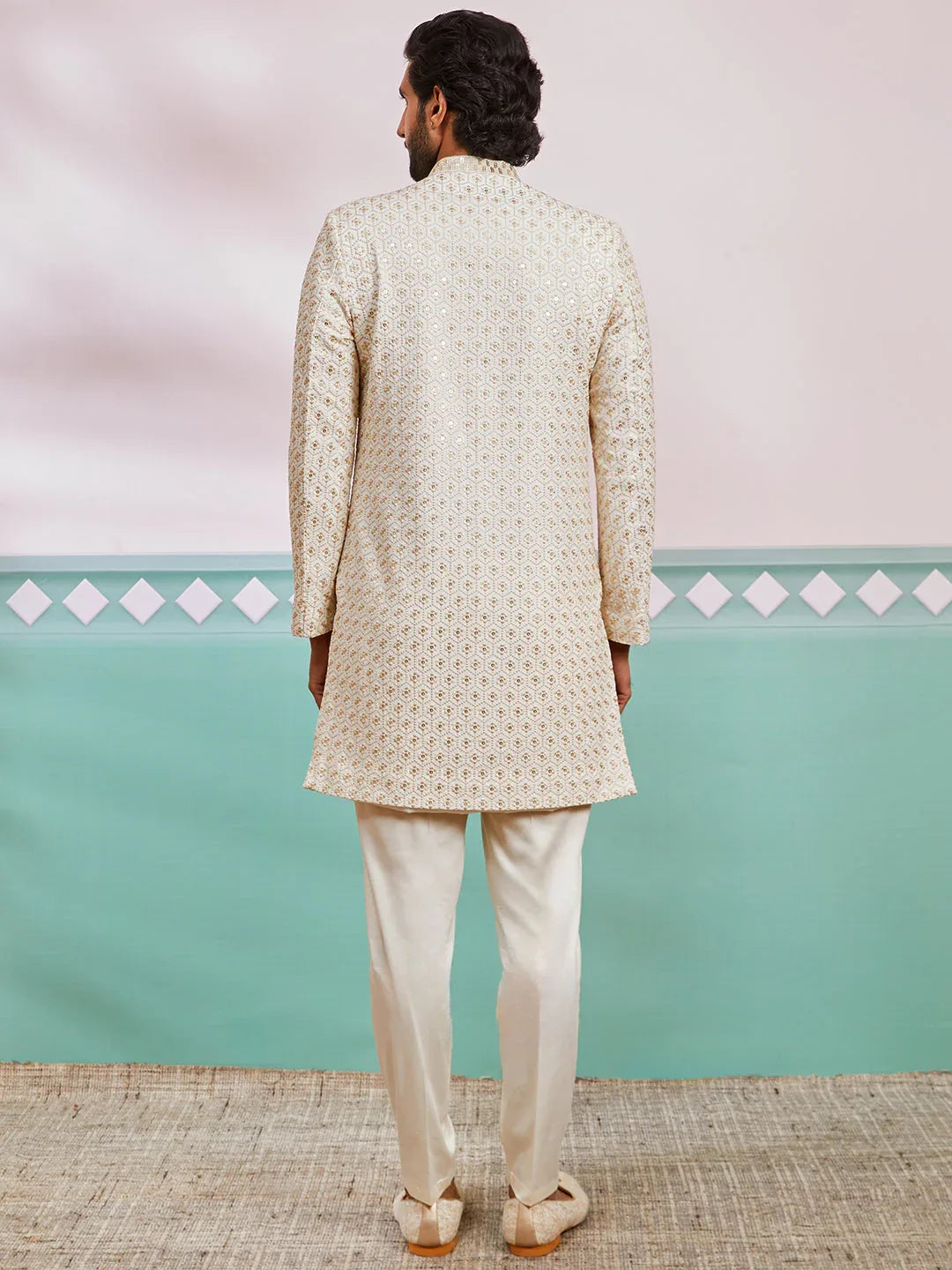 Men's Off White Rayon Indo Western And Pyjama Set
