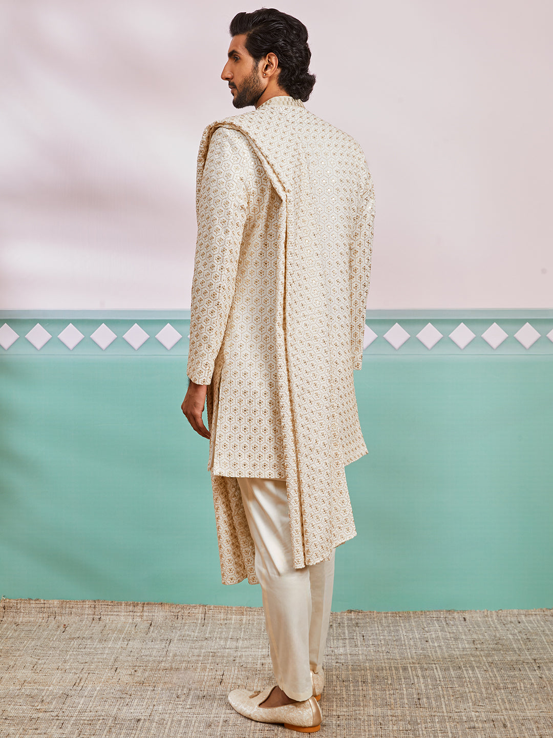 Men's Off White Rayon Indo Western,Pyjama And Dupatta Set