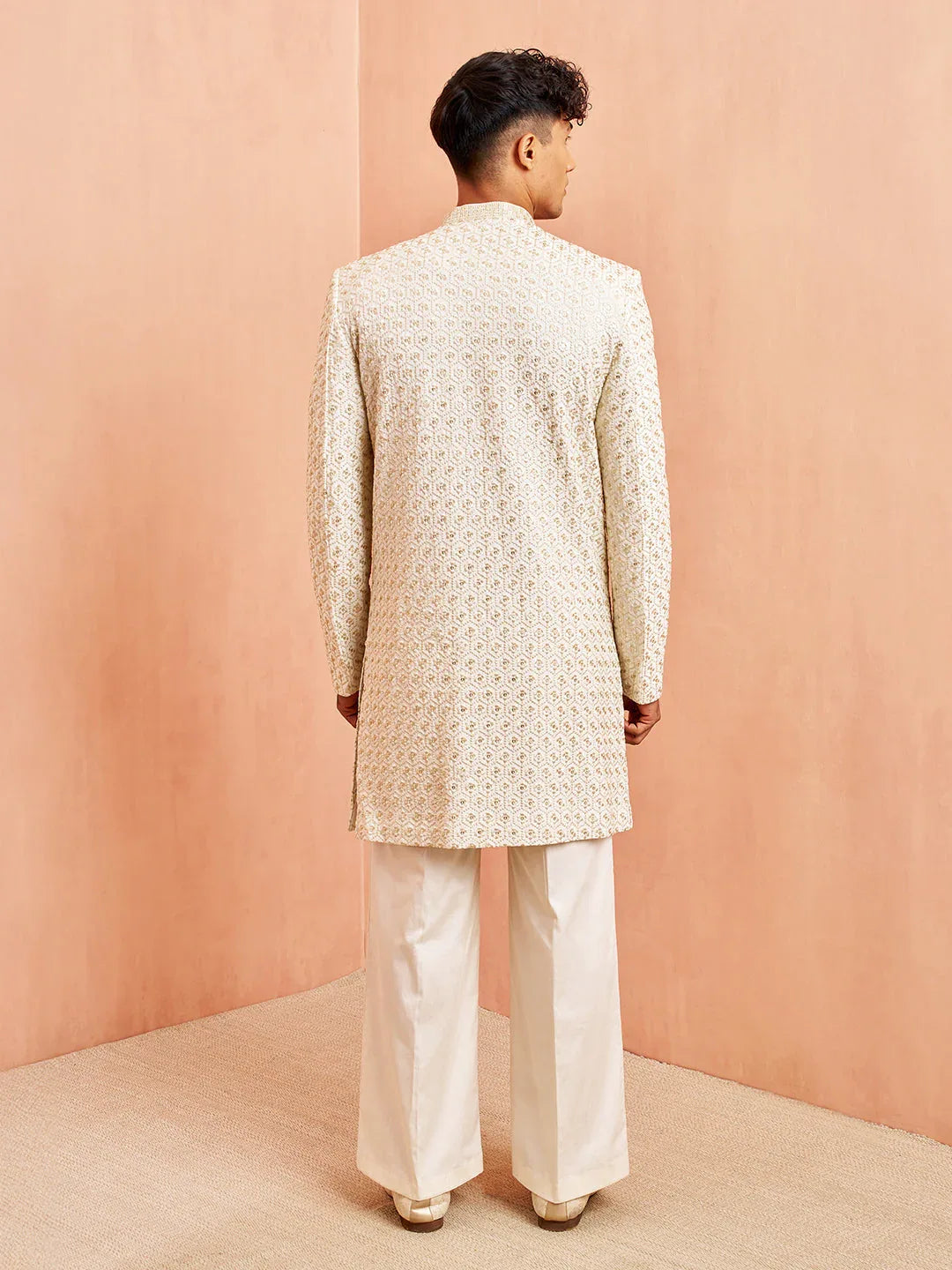 Men's Off White Indo-Western with Cream Pant Set
