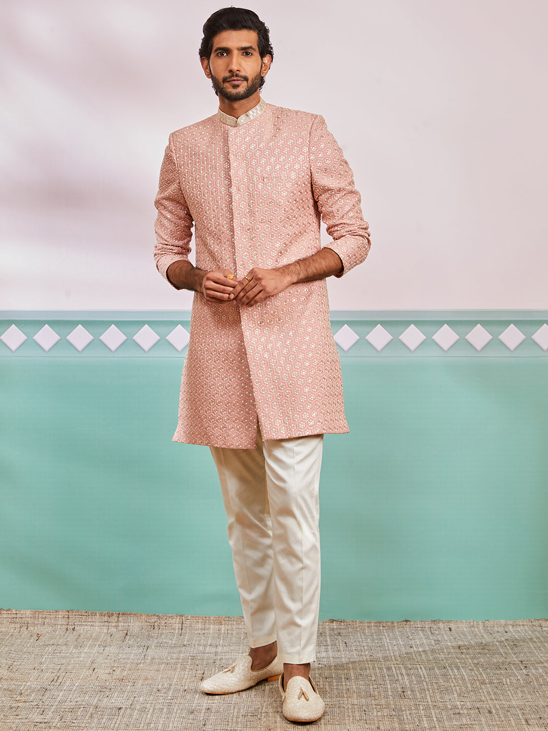 Men's Peach Rayon Indo Western And Pyjama Set