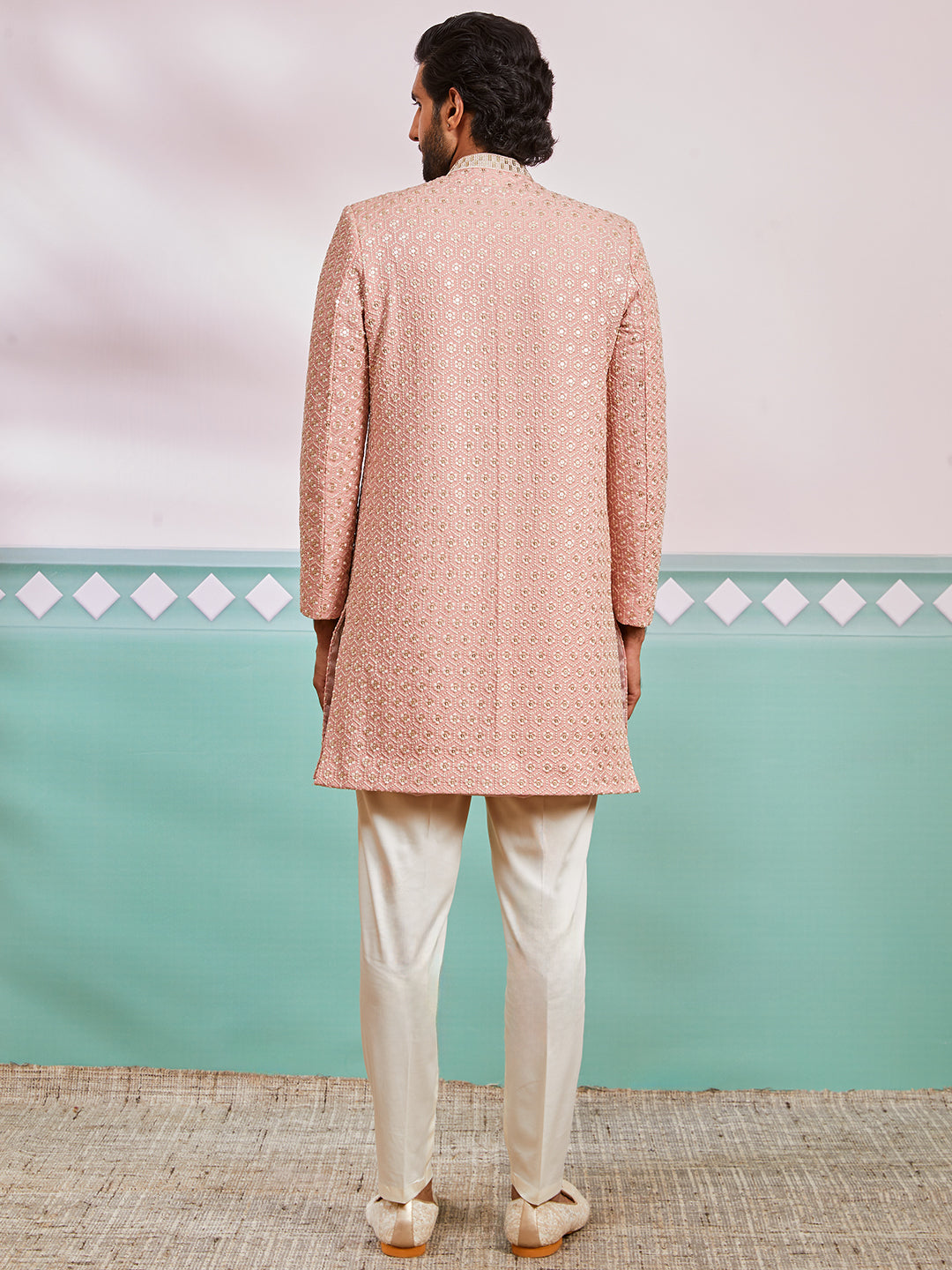 Men's Peach Rayon Indo Western And Pyjama Set