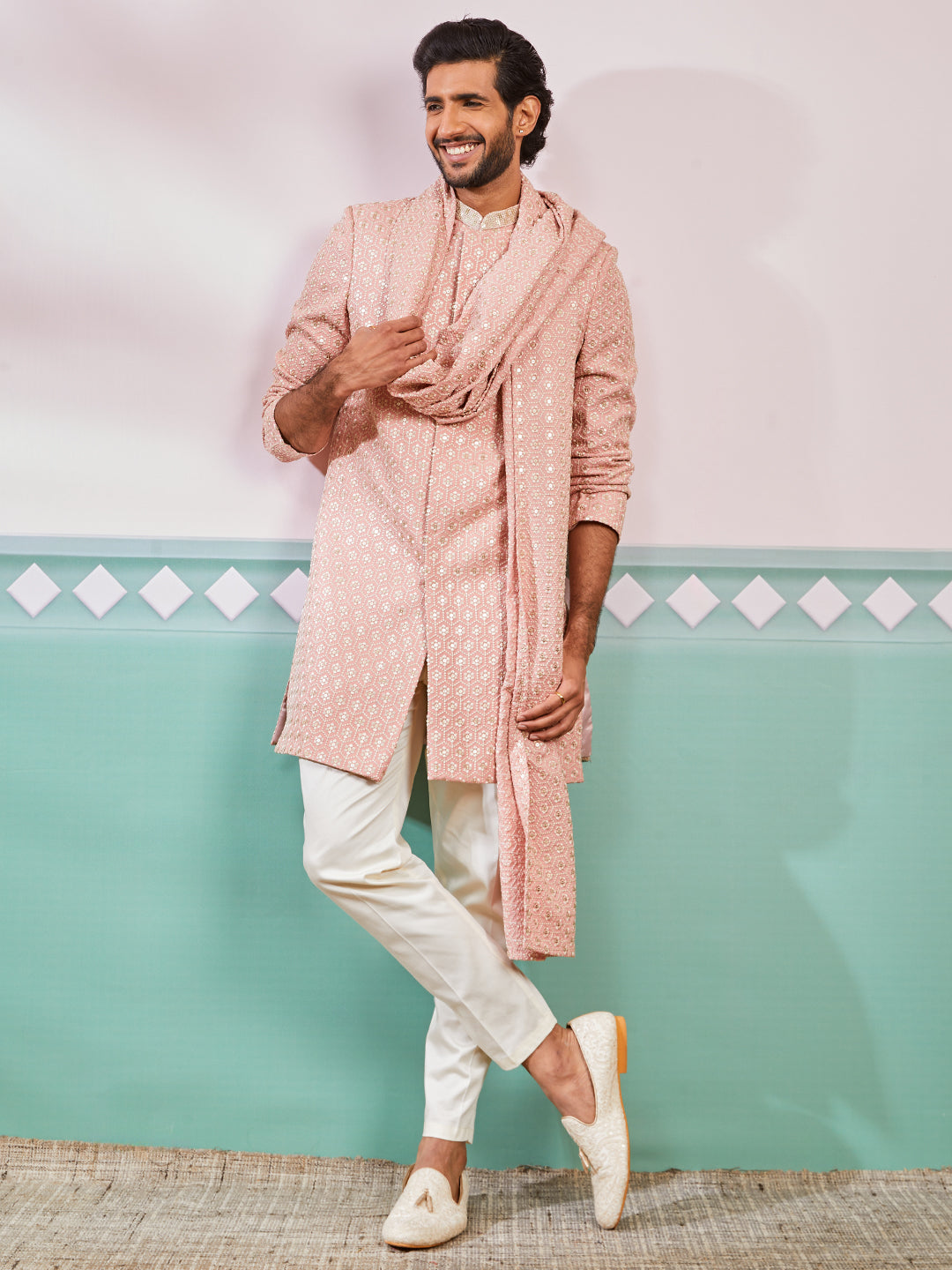 Men's Peach Rayon Indo Western, Pyjama And Dupatta Set