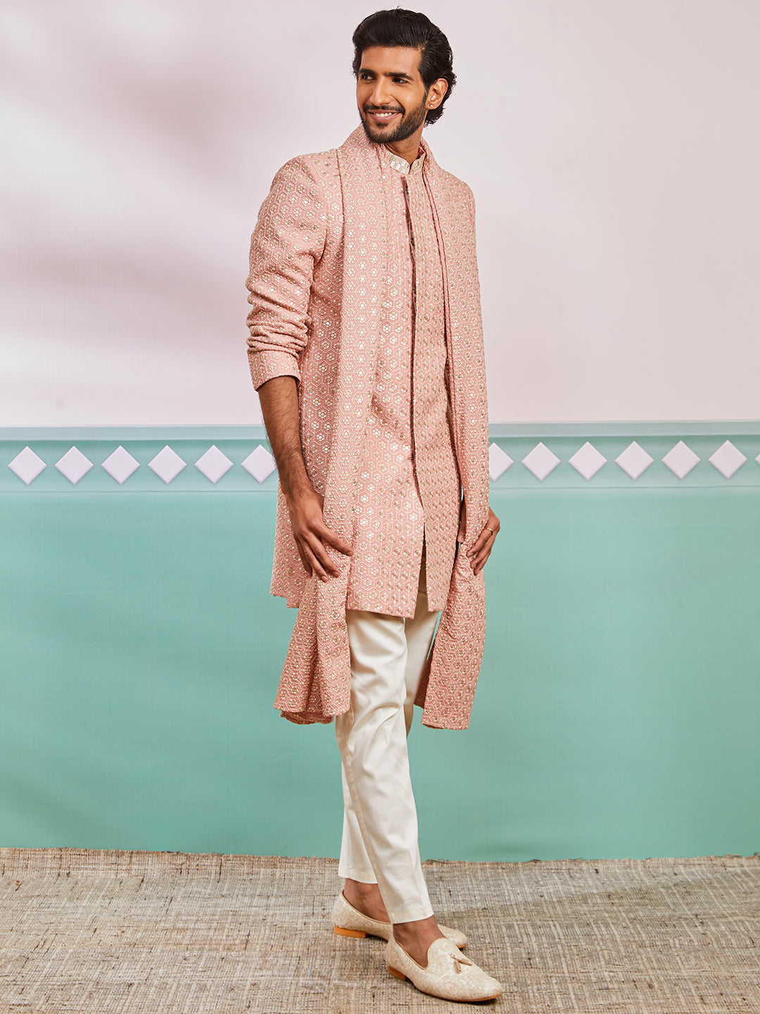 Men's Peach Rayon Indo Western, Pyjama And Dupatta Set