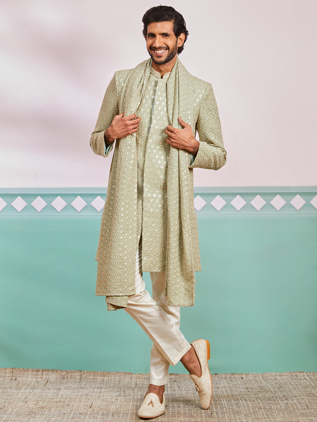 Men's Pista Green Rayon Indo Western, Pyjama And Dupatta Set