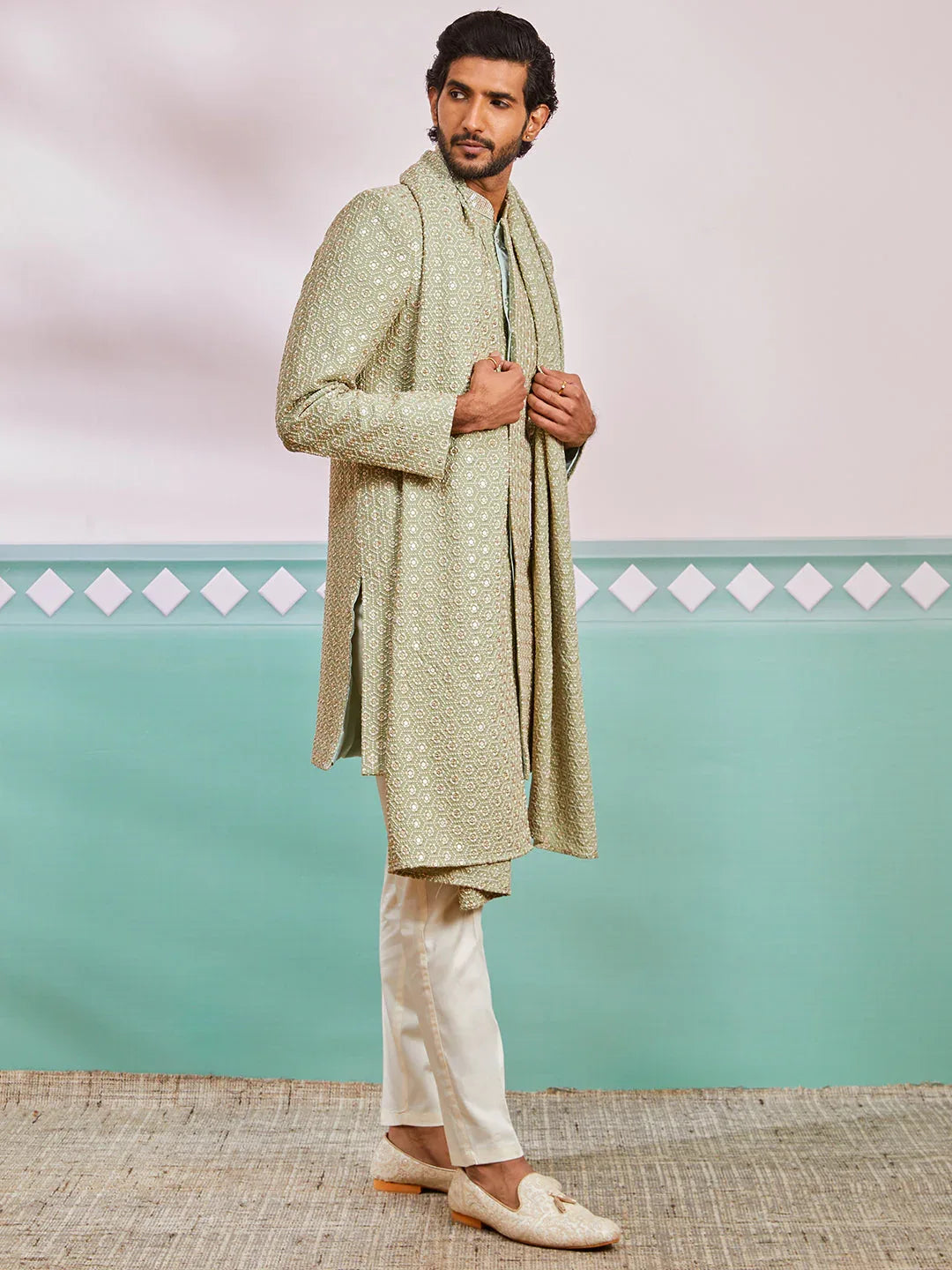 Men's Pista Green Rayon Indo Western, Pyjama And Dupatta Set