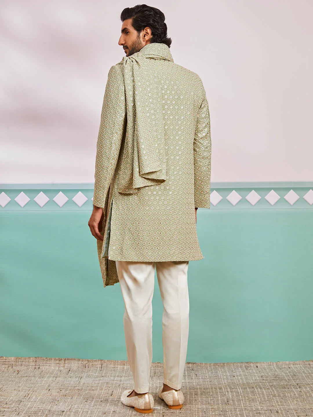 Men's Pista Green Rayon Indo Western, Pyjama And Dupatta Set