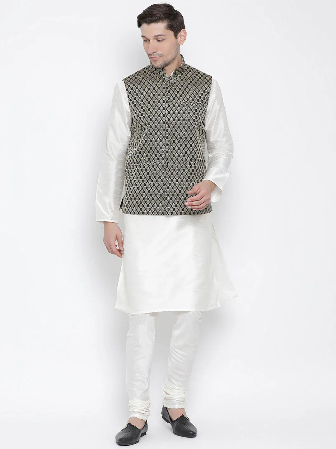 Men's Black Silk Blend Jacket With Kurta Pyjama Set