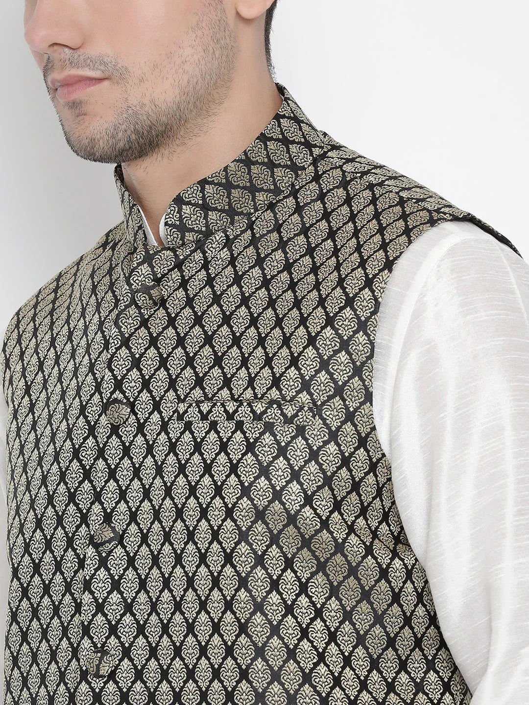 Men's Black Silk Blend Jacket With Kurta Pyjama Set