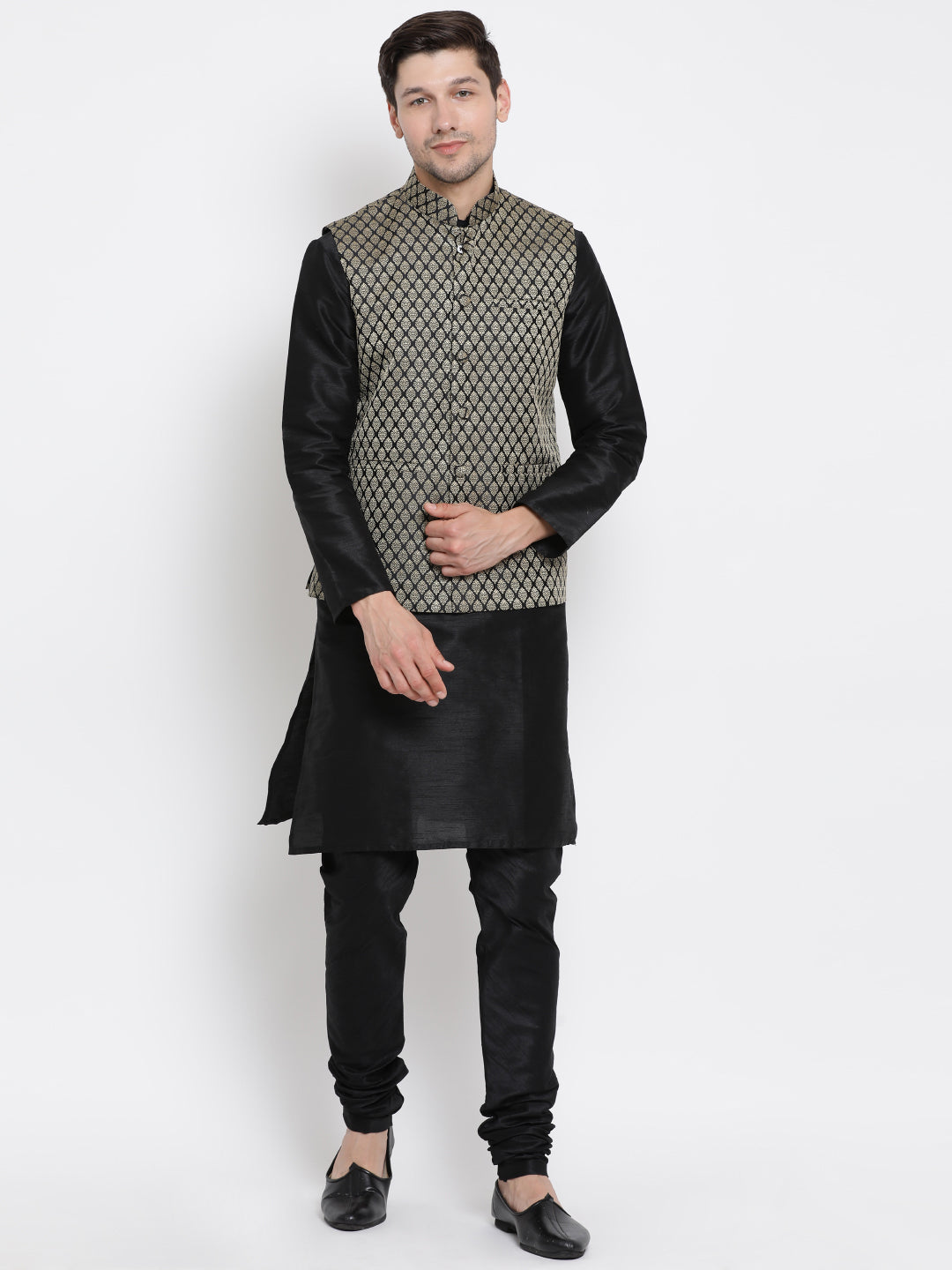 Men's Black Silk Blend Jacket With Kurta Pyjama Set