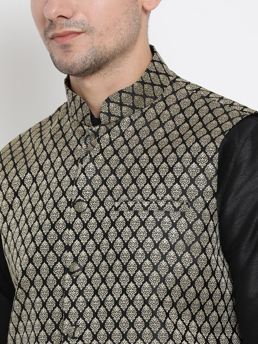 Men's Black Silk Blend Jacket With Kurta Pyjama Set