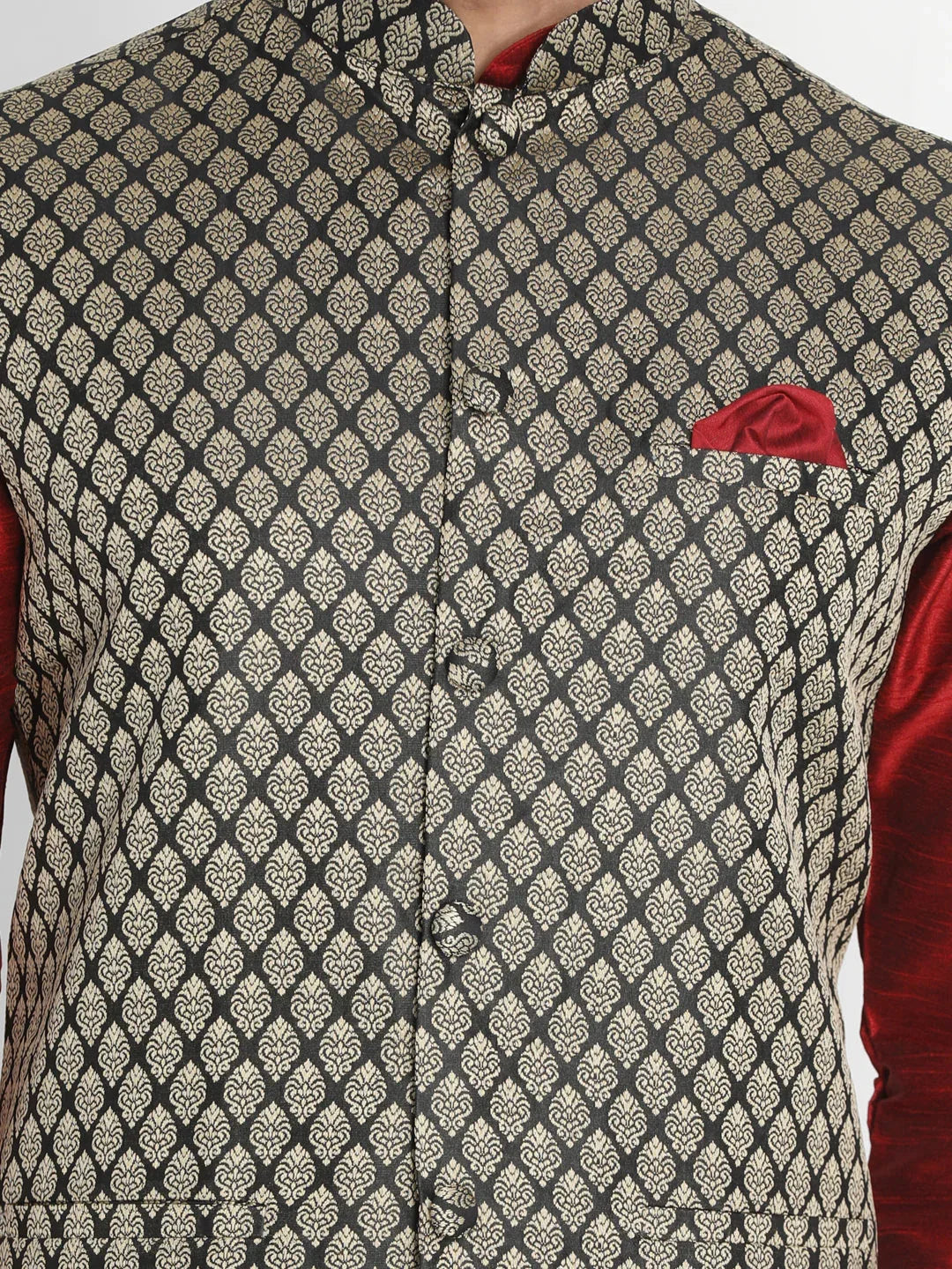 Men's Maroon Silk Blend Jacket With Kurta Pyjama Set