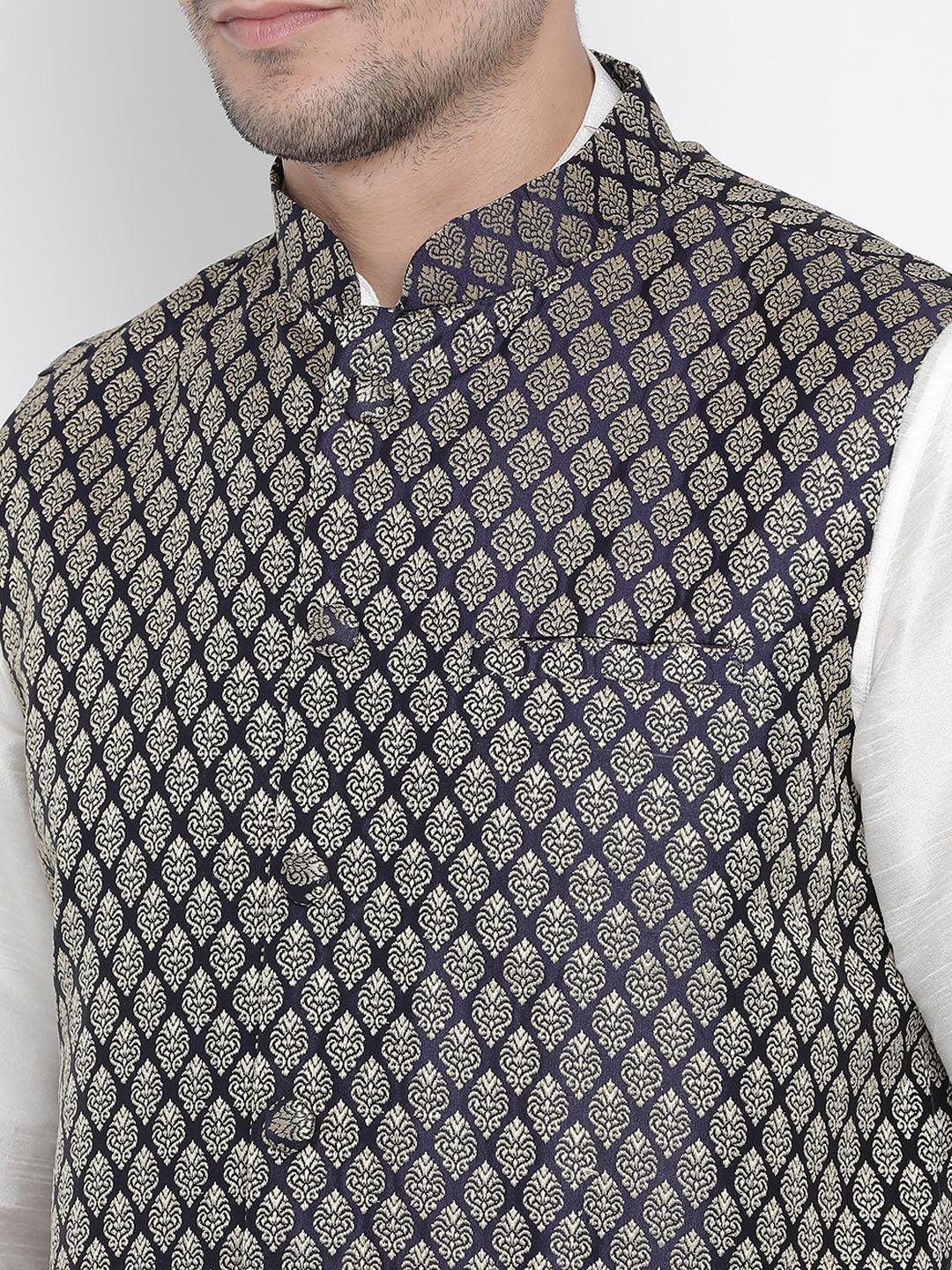 VASTRAMAY Men's Blue Silk Blend Jacket With Kurta Pyjama Set