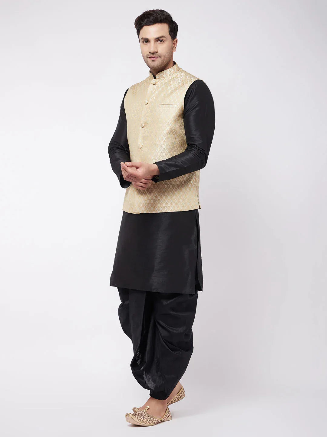 Men's Black Silk Blend Jacket With Kurta Dhoti Set