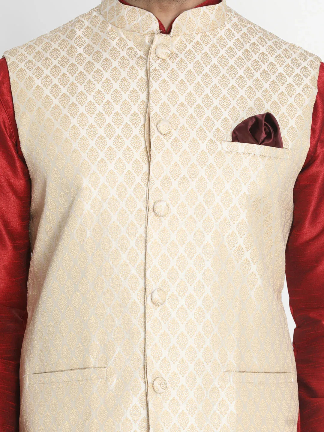 VASTRAMAY Men's Cream Silk Blend Jacket With Kurta Pyjama Set