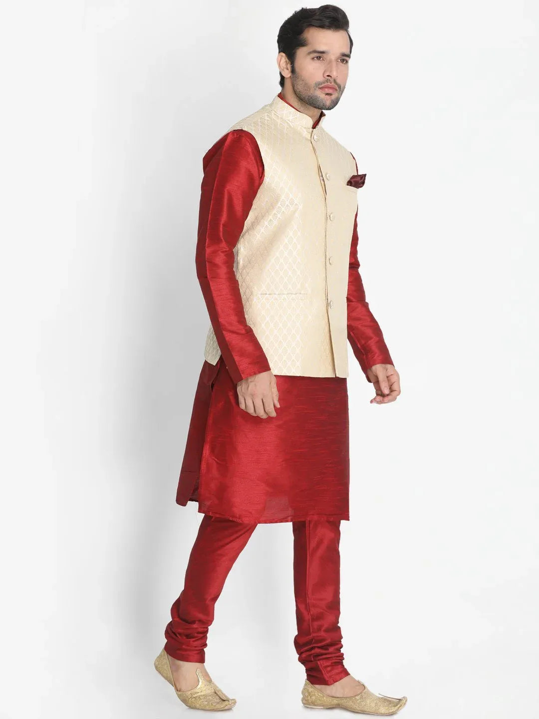 VASTRAMAY Men's Cream Silk Blend Jacket With Kurta Pyjama Set