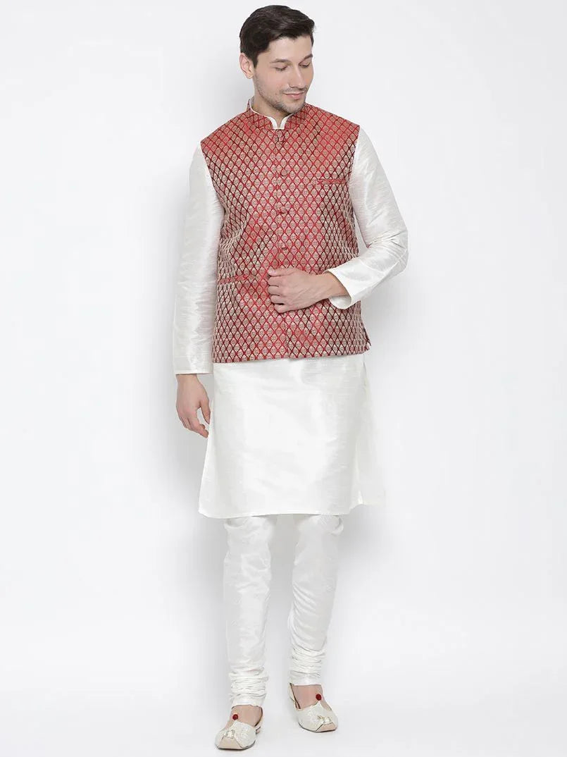 VASTRAMAY Men's Maroon Silk Blend Jacket With Kurta Pyjama Set