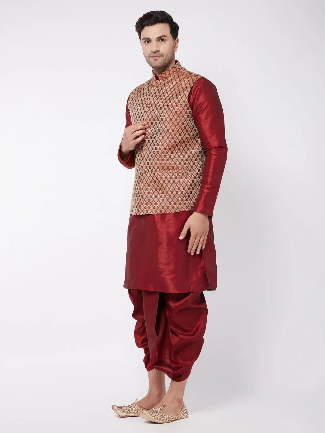 Men's Maroon Silk Blend Jacket With Kurta Dhoti Set
