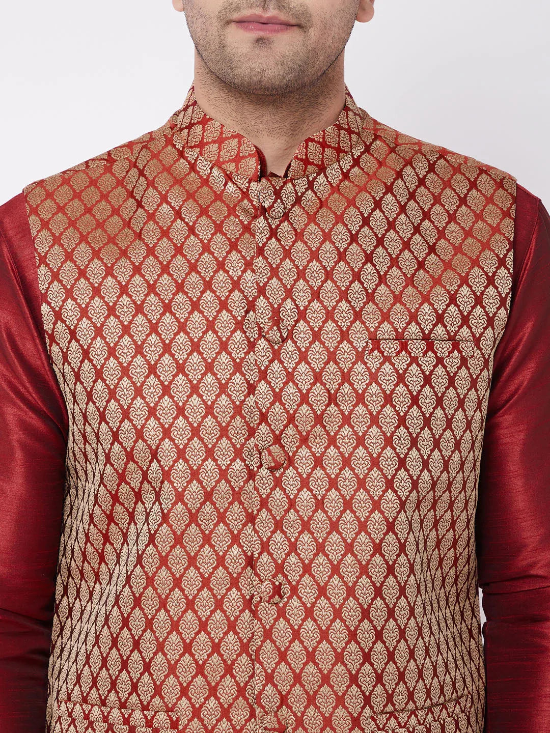 Men's Maroon Silk Blend Jacket With Kurta Dhoti Set
