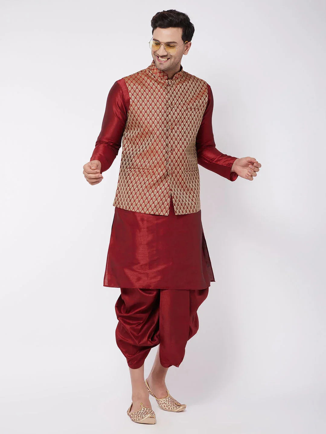 Men's Maroon Silk Blend Jacket With Kurta Dhoti Set