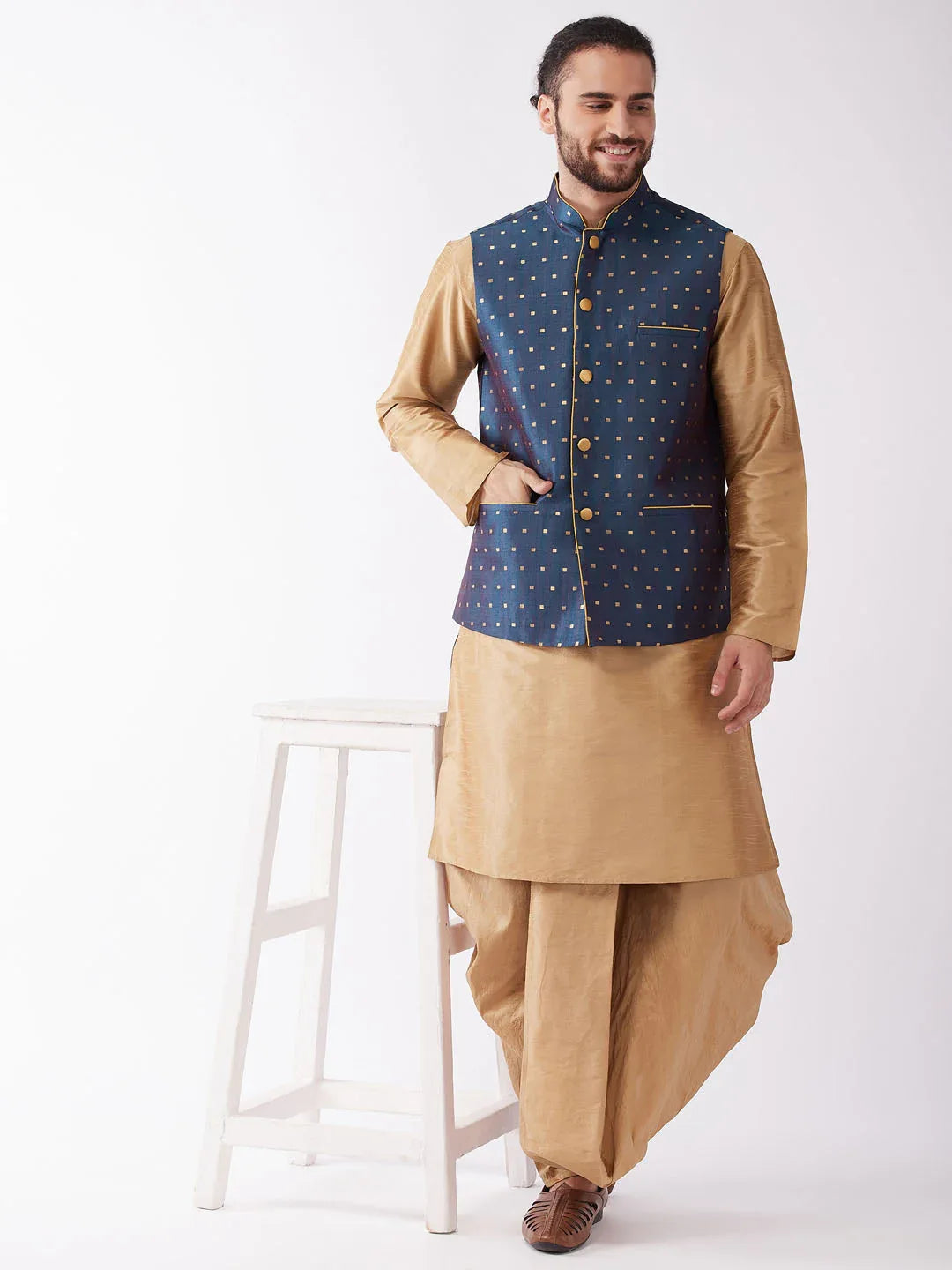 Men's Blue Zari Weaved Jacket With Kurta Dhoti Set