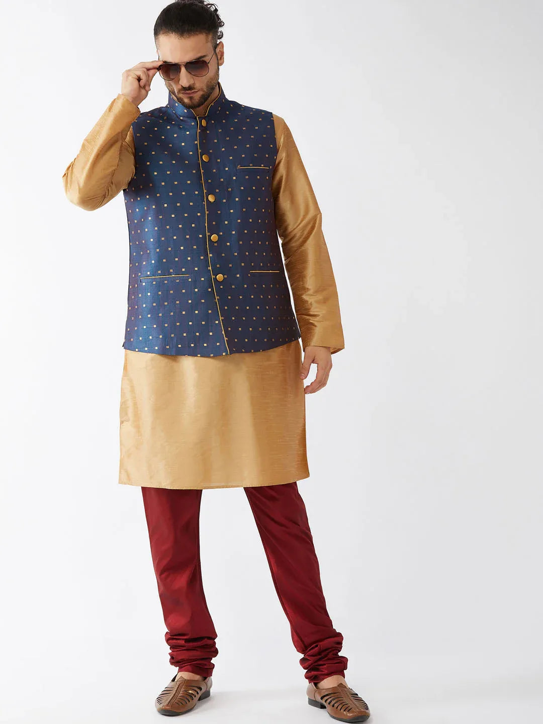 Men's Blue Zari Weaved Jacket With Kurta Pyjama Set