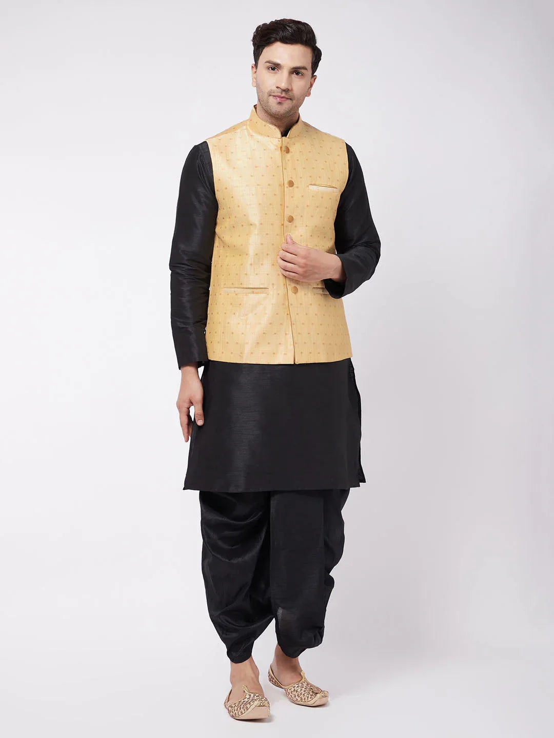 Men's Gold Zari Weaved Jacket With Kurta Dhoti Set