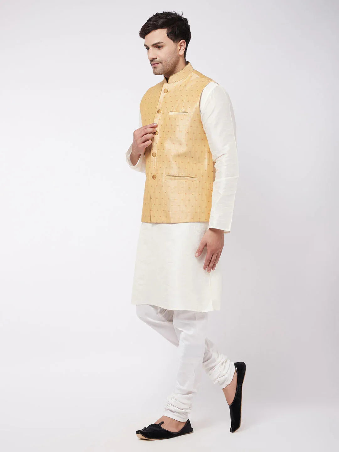 Men's Gold Zari Weaved Jacket With Kurta Pyjama Set