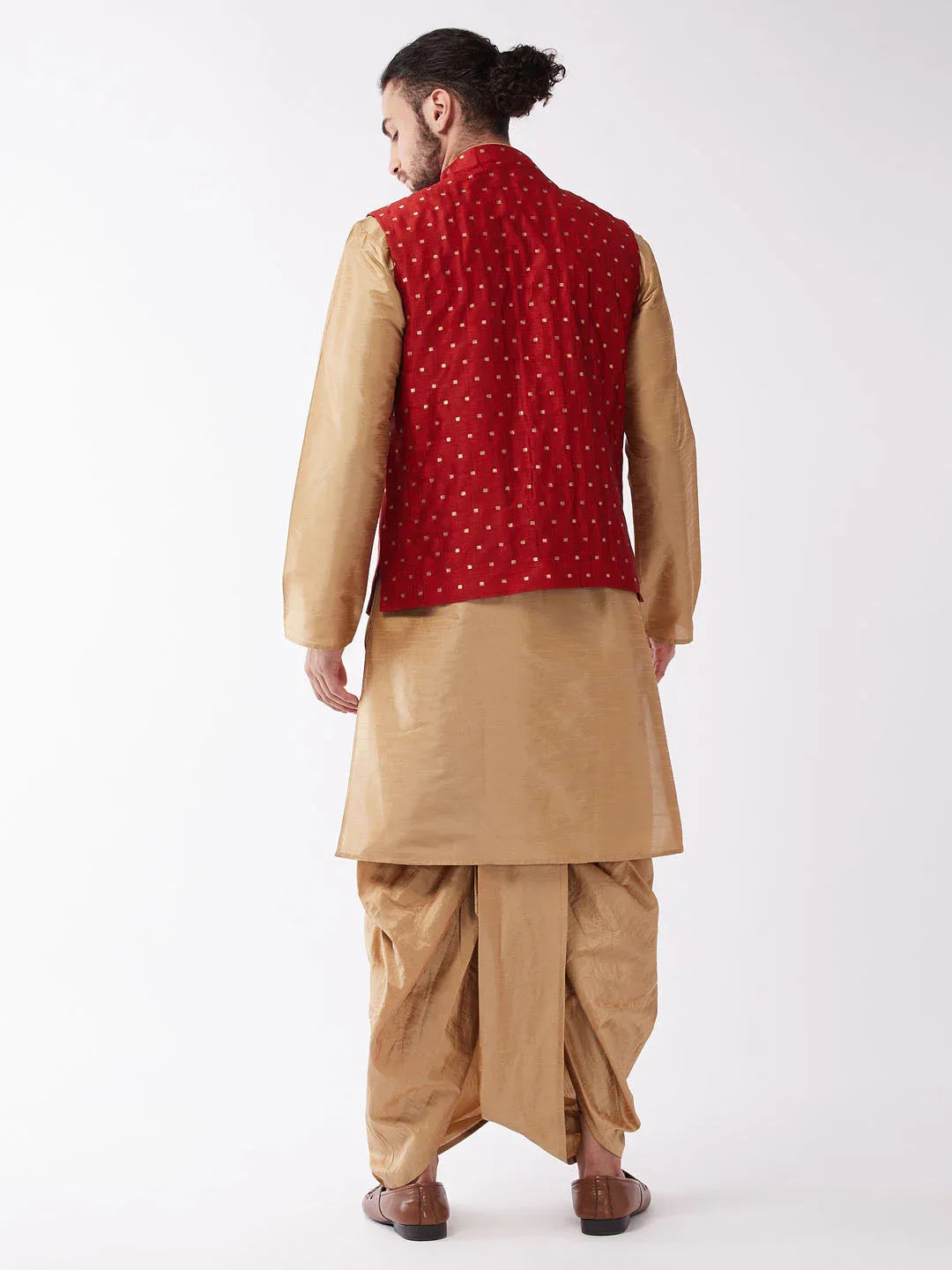 Men's Maroon Zari Weaved Jacket With Kurta Dhoti Set
