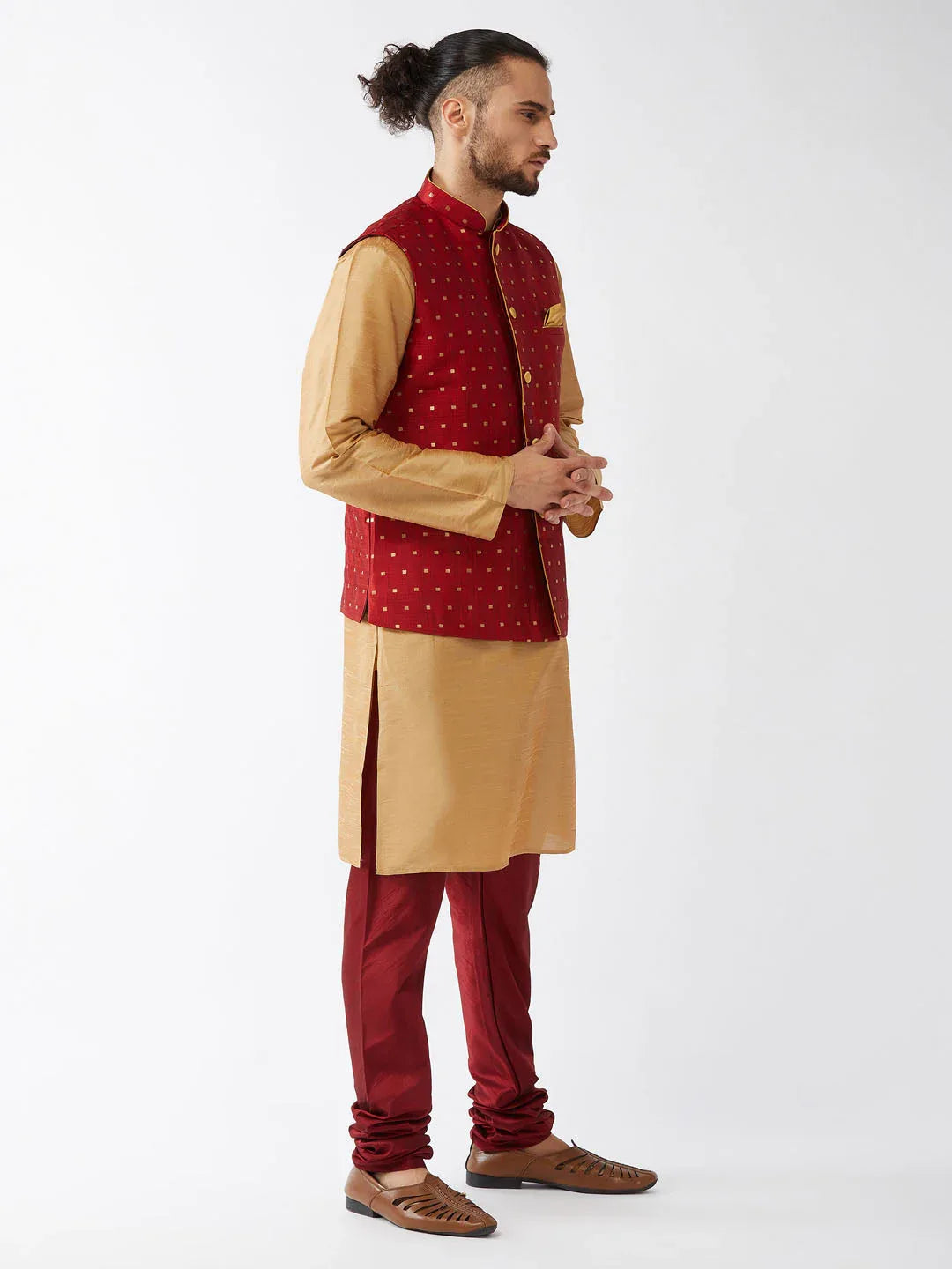 Men's Maroon Zari Weaved Jacket With Kurta Pyjama Set