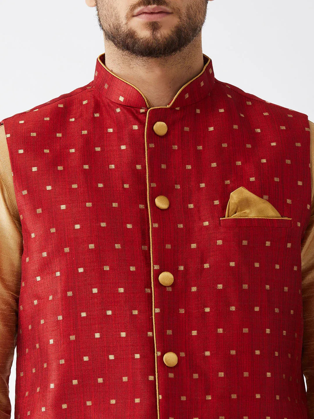 Men's Maroon Zari Weaved Jacket With Kurta Pyjama Set