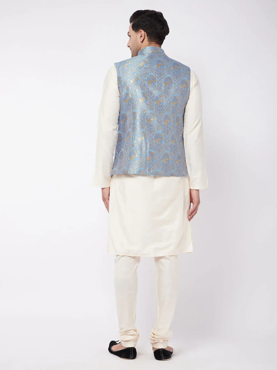 Men's Viscose Cream Kurta And Pyjama With Grey Woven Nehru Jacket