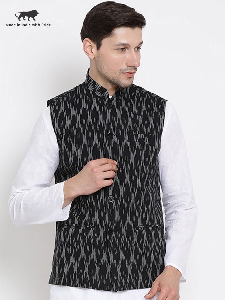 VASTRAMAY Men's Black Cotton Ethnic Jacket