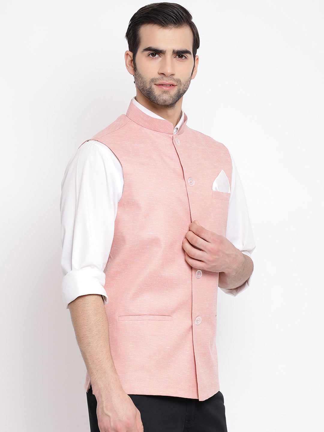 Men's Peach Solid Classic Royal Cotton Blend Nehru Jacket