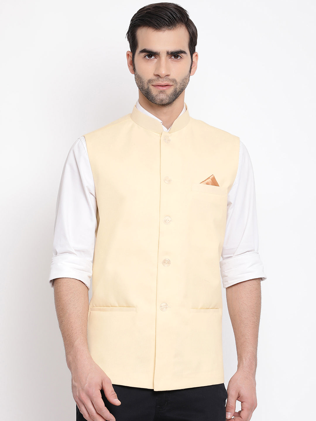 Men's Cream Solid Classic Royal Cotton Blend Nehru Jacket