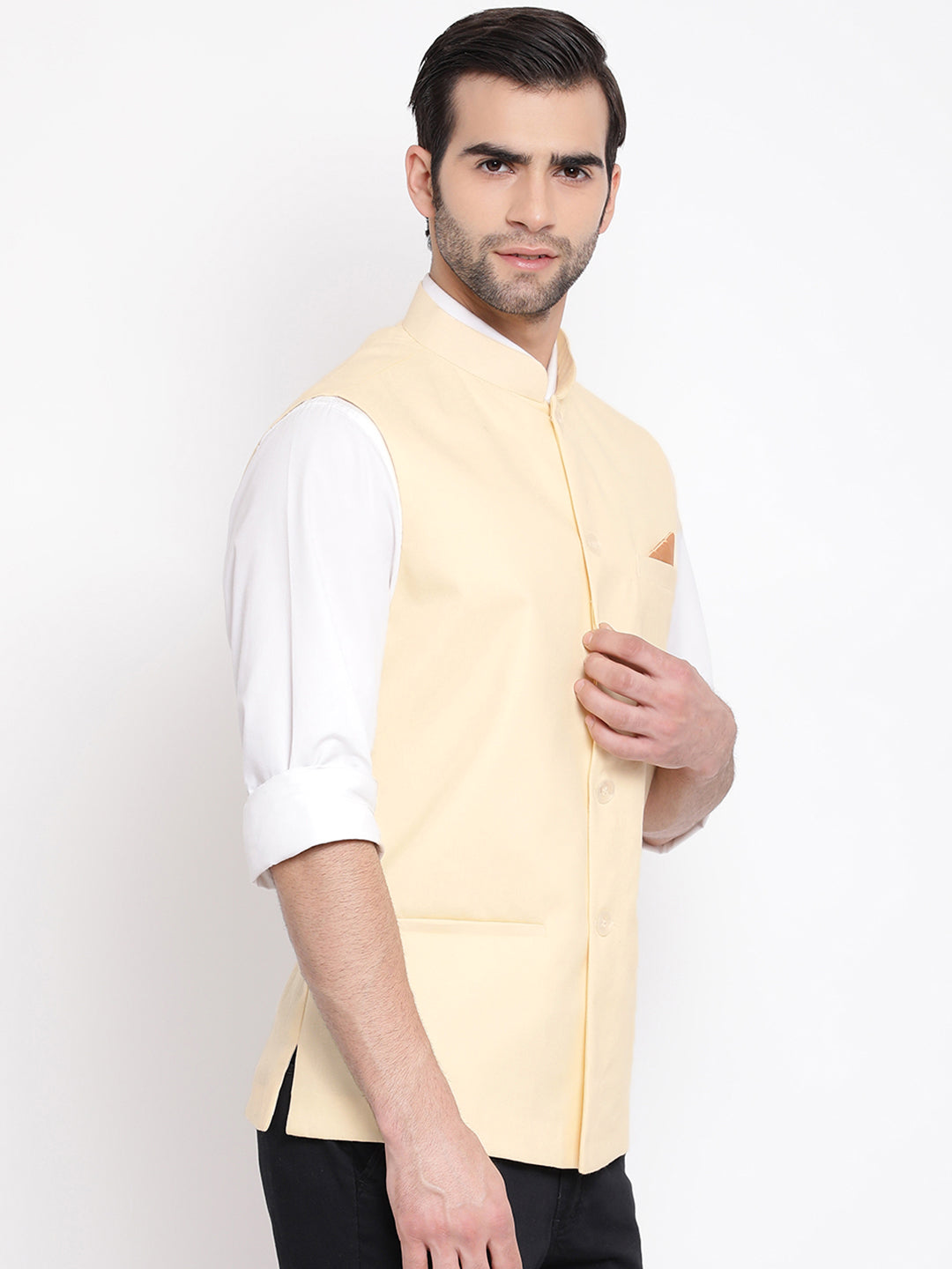 Men's Cream Solid Classic Royal Cotton Blend Nehru Jacket
