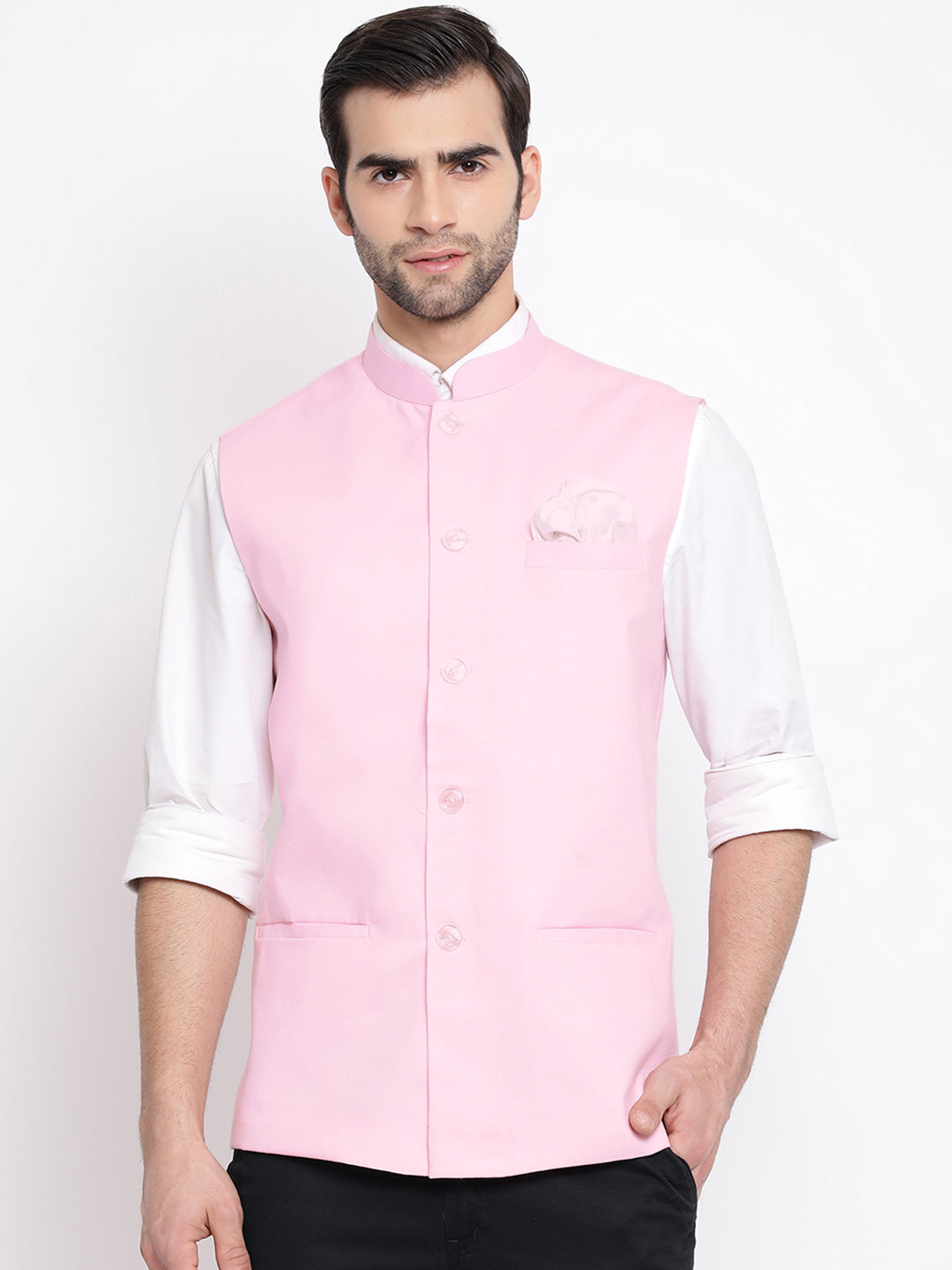 Men's Pink Solid Classic Royal Cotton Blend Nehru Jacket