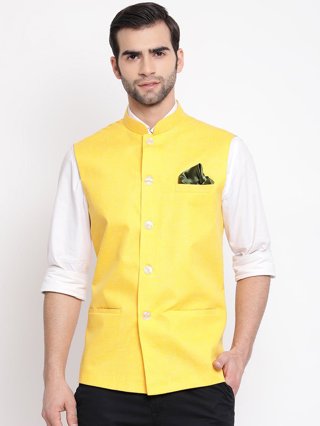 Men's Yellow Solid Classic Royal Cotton Blend Nehru Jacket