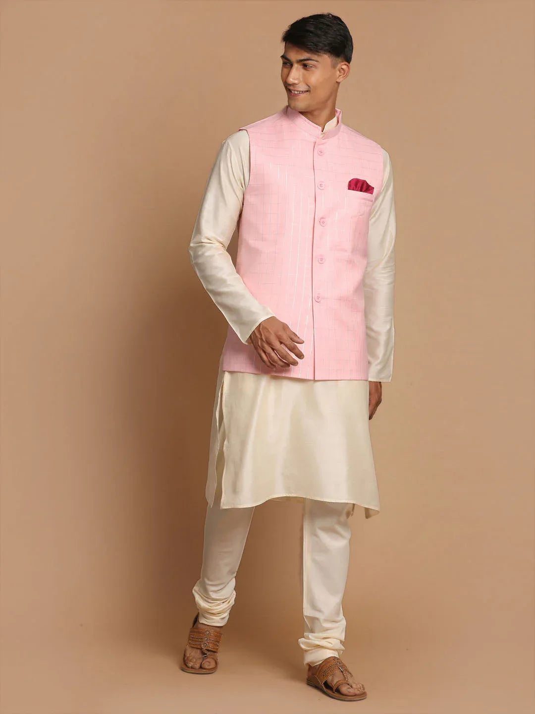 Men's Cream Cotton Kurta, Checkered Royal Linen Nehru Jacket And Pyjama Set