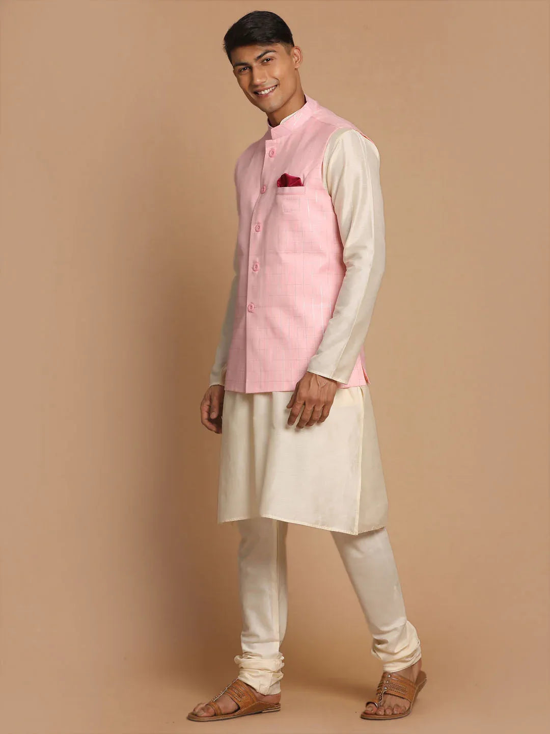 Men's Cream Cotton Kurta, Checkered Royal Linen Nehru Jacket And Pyjama Set