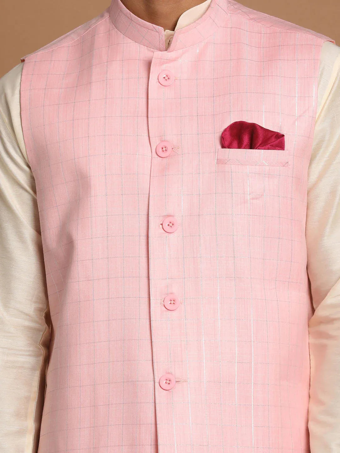 Men's Cream Cotton Kurta, Checkered Royal Linen Nehru Jacket And Pyjama Set