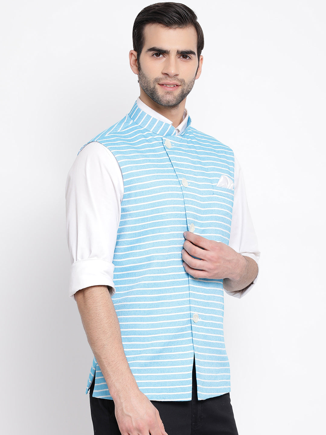 Men's Blue Stripes And Angrakha Pattern Classic Nehru Jacket
