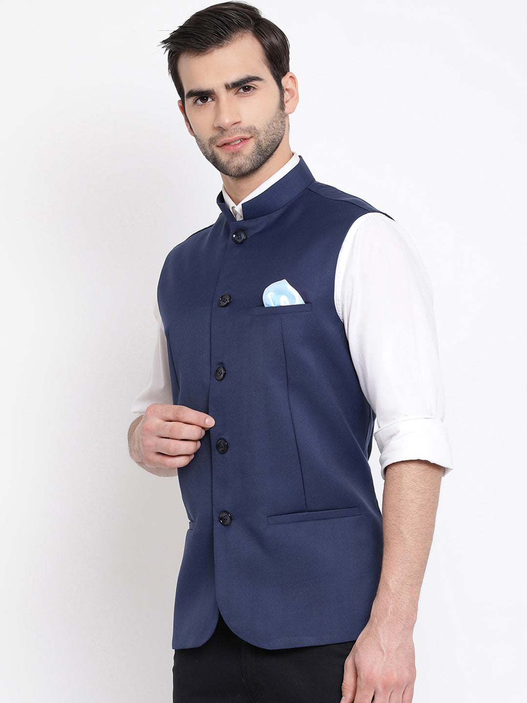 Men's Navy Blue Cotton Blend Twill Nehru Jacket