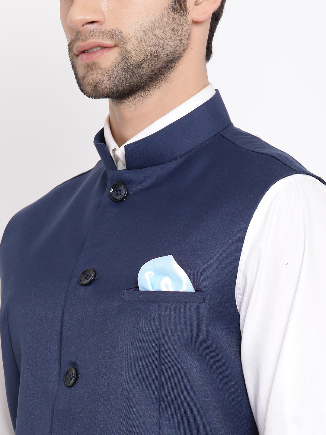 Men's Navy Blue Cotton Blend Twill Nehru Jacket