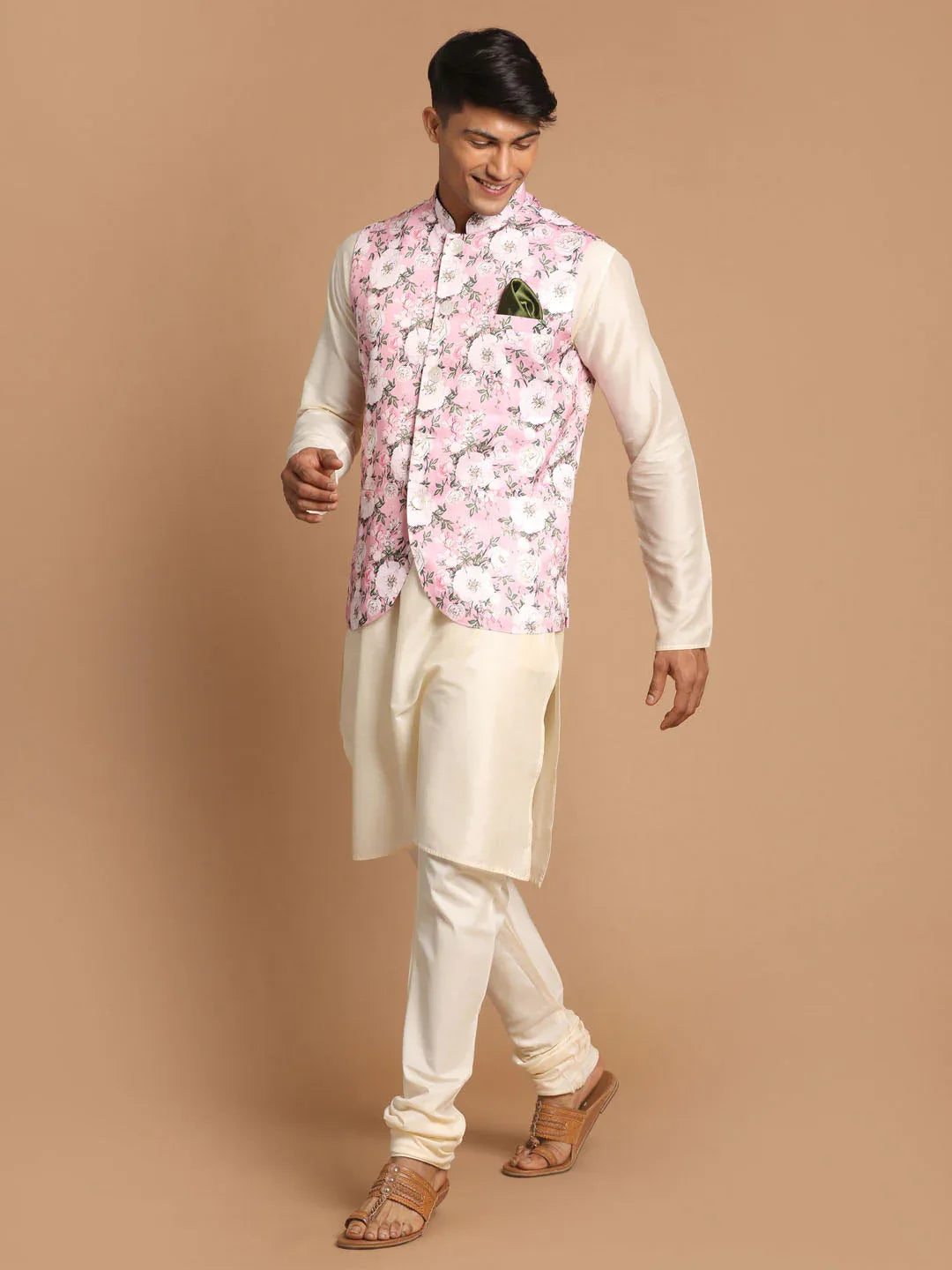 Men's Pink Digital Floral Printed Royal Angrakha Nehru Jacket With Cream Kurta Pyjama Set