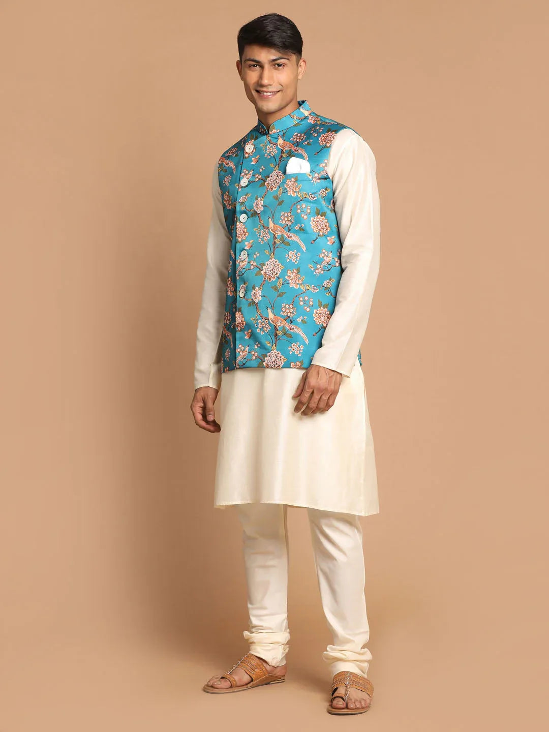 Men's Turquoise Digital Printed Royal Angrakha Nehru Jacket With Cream Kurta Pyjama