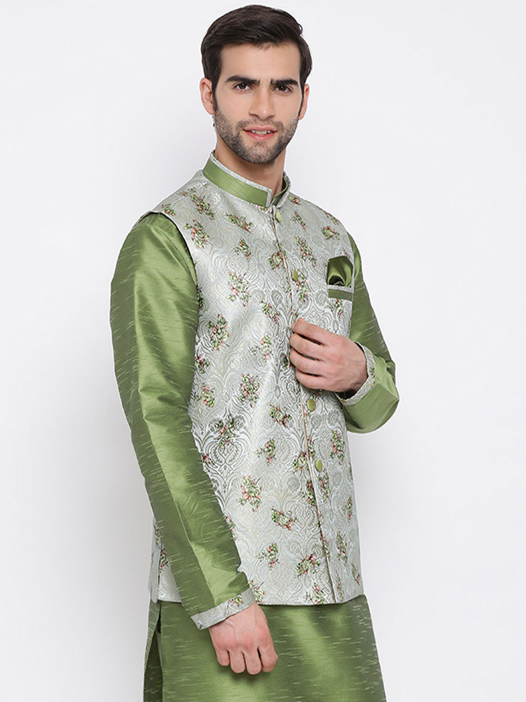 Men's Grey & Green Printed Woven Nehru Jacket