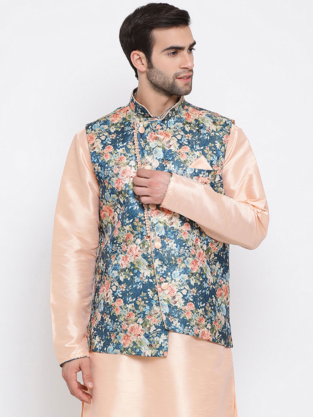 Men's Peach And Blue Printed Woven Nehru Jacket