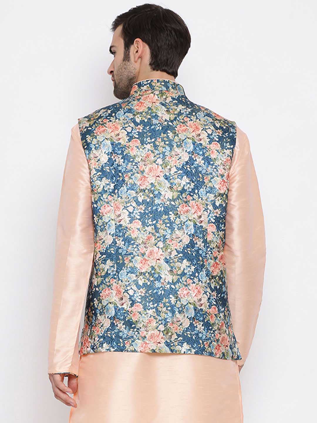 Men's Peach And Blue Printed Woven Nehru Jacket