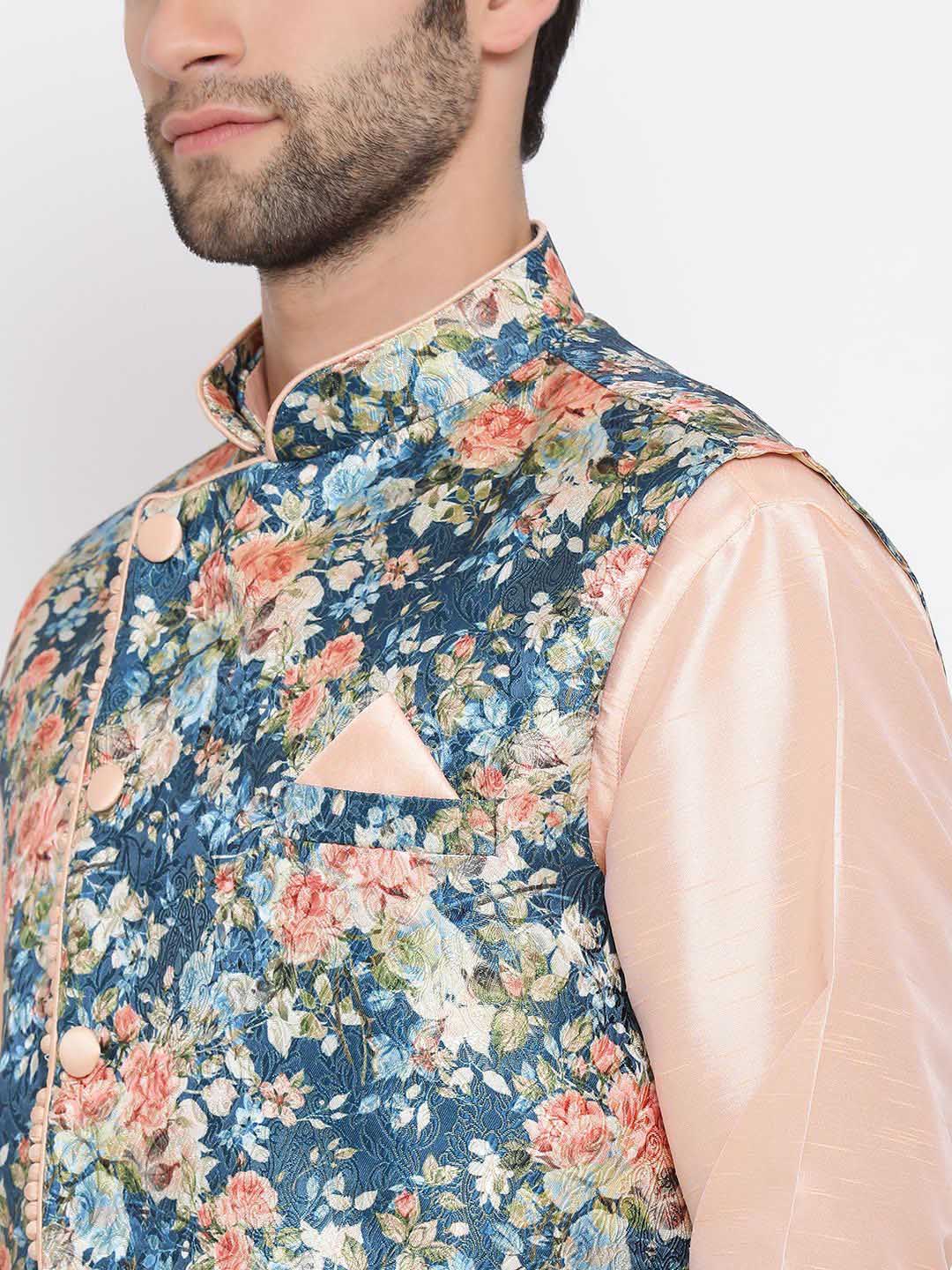 Men's Peach And Blue Printed Woven Nehru Jacket