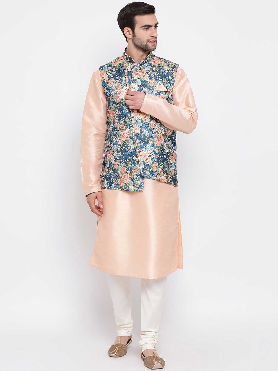 Men's Peach And Blue Printed Woven Nehru Jacket